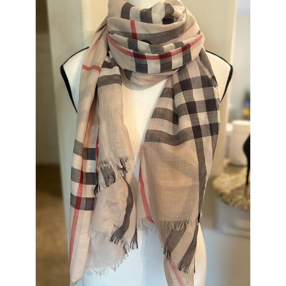 Burberry Women's Beige Check Gauze Wool Silk Wraparound Scarf Authentic MSRP$499 - Picture 5 of 7